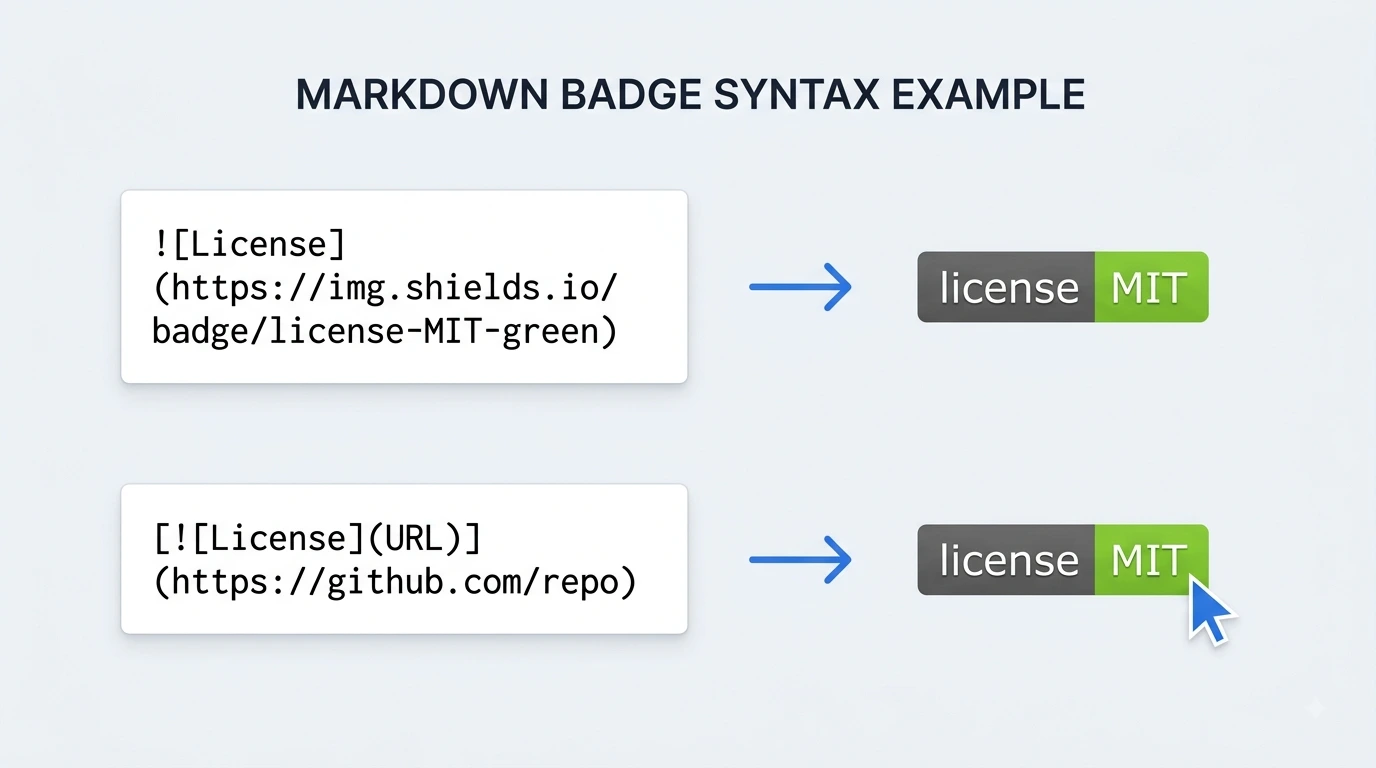 Markdown badge syntax example showing a clickable GitHub README badge