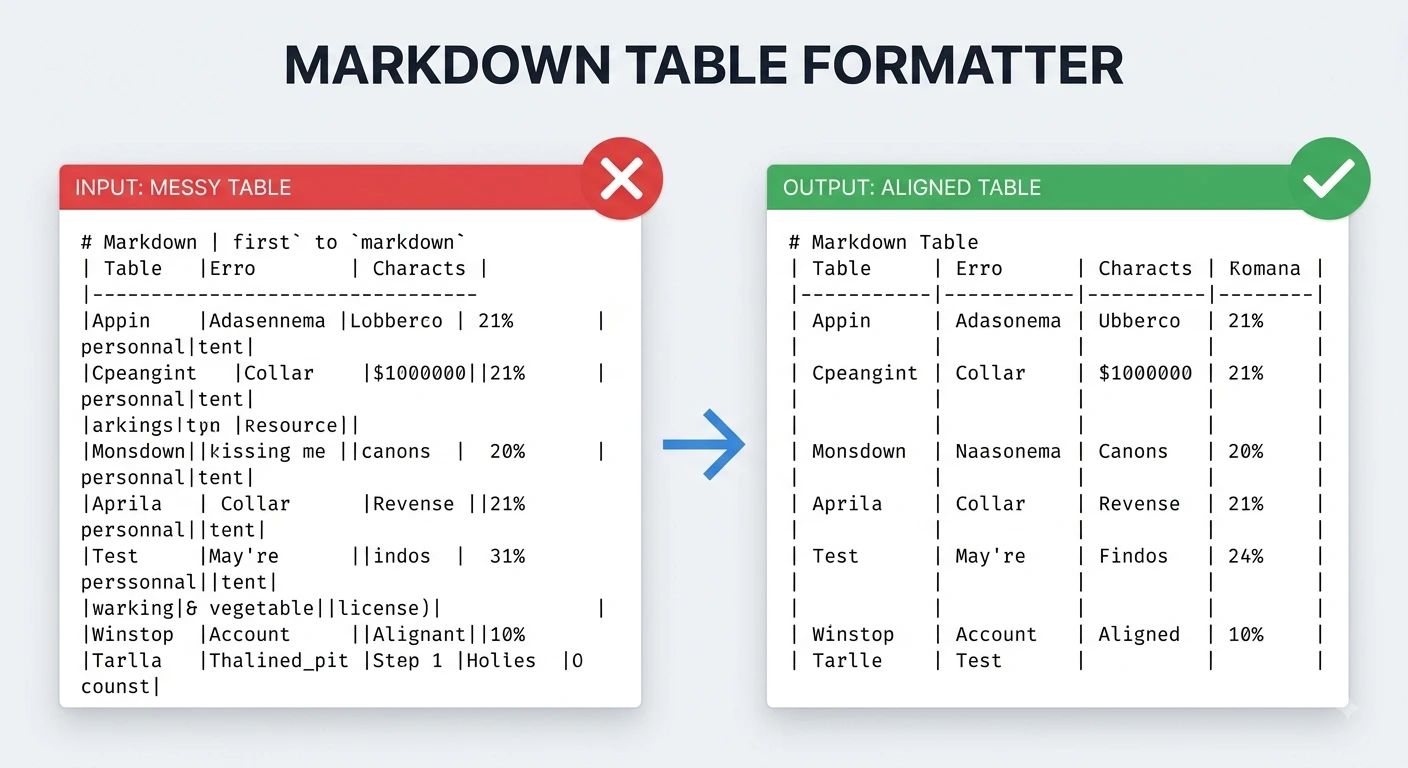 Before and after example of a messy Markdown table formatted with aligned columns