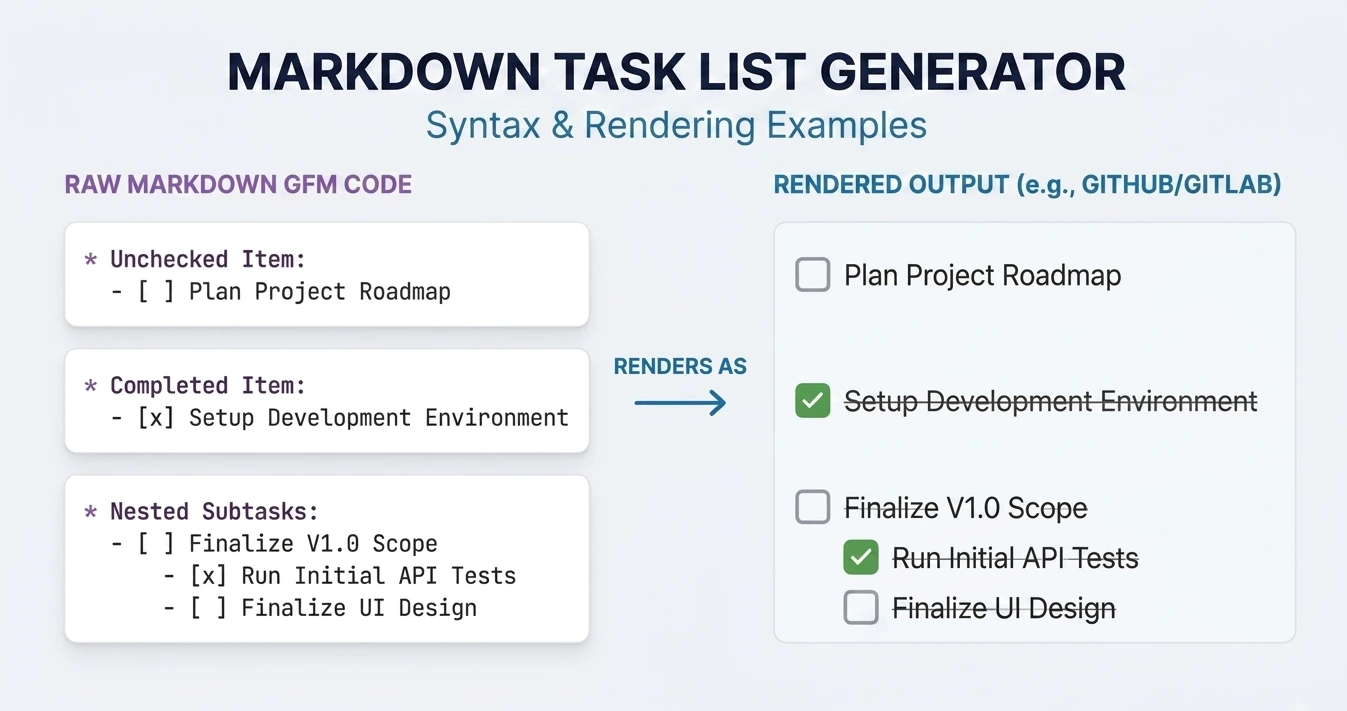 Diagram comparing raw Markdown checkbox syntax with its rendered output in a GitHub-ready task list