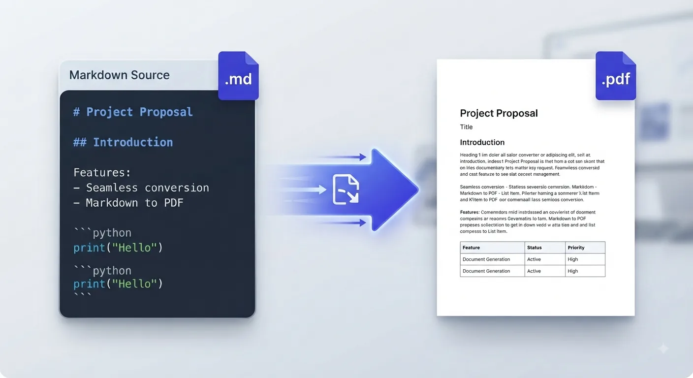 Visual preview of converting a Markdown .md source code file into a clean, structured multi-page PDF document online
