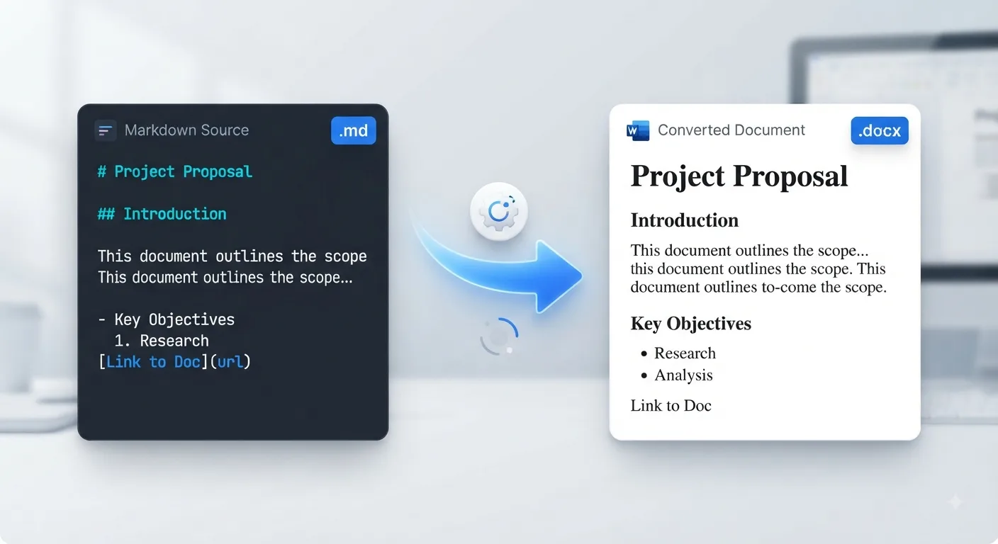 Step-by-step visual representation of converting a Markdown .md file into a formatted Microsoft Word .docx document online